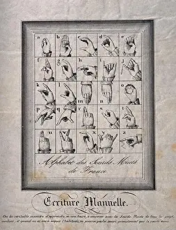 Deaf Prints: Hands showing the French sign language alphabet. Wood engraving