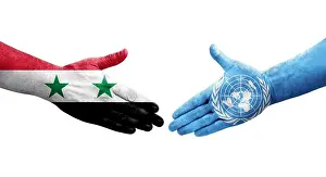 Contribute Prints: Handshake between United Nations and Syria flags painted on hands