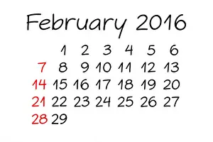 Whiteboard Prints: Handwritten Calendar February Year 2016 with marker on white