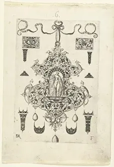 Teachings Prints: Hanger met Charitas Charitas (titel op object) In timore ac charitate de (serietitel) Charity in a frame of arabesques