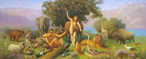Temptation Prints: Hans Ole Brasen - Before the Fall - 1928 - Garden of Eden with Adam and Eve and Serpent