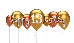 Thirteen Prints: Happy 13th birthday gold balloon greeting background. 3D Rendering