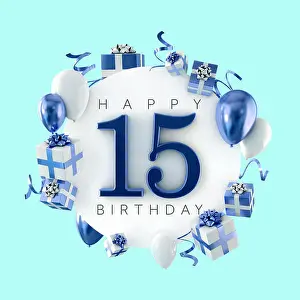 Fifteen Prints: Happy 15th birthday party composition with balloons and presents. 3D Render