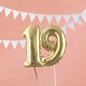 Inflatable Prints: Happy 19th birthday party celebration gold balloon and bunting. 3D Render