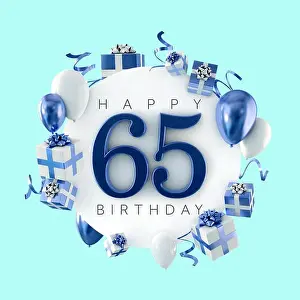 Happy 65th birthday party composition with balloons and presents. 3D Render