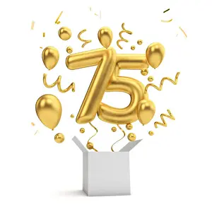 Invite Prints: Happy 75th birthday gold surprise balloon and box. 3D Rendering