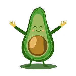 Avocado Prints: Happy avocado character doing yoga, surrounded by leaves and retro rays, flat vector
