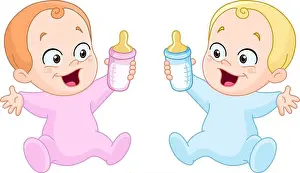 Art Vector Vectors Prints: Happy baby girl and baby boy holding bottles