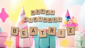 Cupcake Prints: Happy Birthday Beatriz card with wooden tiles text