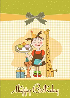 Valentines Day Prints: Happy Birthday card with funny girl, animals and cupcakes, vector illustration