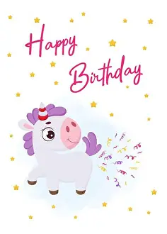 Happy Birthday printable party greeting card template with cute magical unicorn pooping confetti