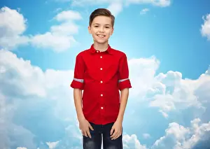 Pre Teen Prints: happy boy in red shirt over blue sky