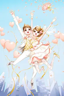 Romantic Activity Prints: Happy bride and groom celebrating their wedding in city