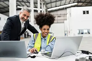 25 30 Years Prints: Happy businessman with engineer having video call on laptop in factory