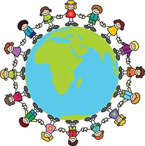 Childlike Prints: Happy children holding hands around the world