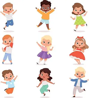 Happy childrens. Cute playing kids in action poses vector boys and girls
