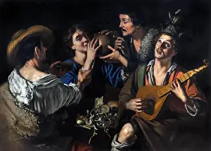 Oils Prints: Happy company around a table ROME XVIIth century Valentin of Boulogne 1591-1632 (the genre of Theodor Rombouts Antwerp)