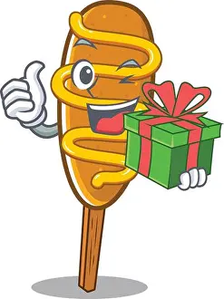 Fastfood Prints: Happy corn dog character having a gift box