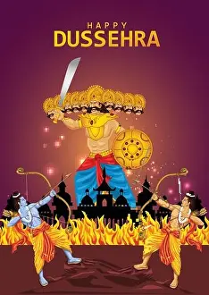 Happy Dussehra festival of India. of Lord Rama killing Ravana. vector illustration