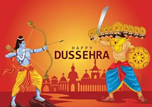 Navratri Prints: Happy Dussehra festival of India. of Lord Rama killing Ravana. vector illustration
