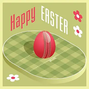 Easter Egg Prints: Happy Easter. Greeting card with 3D Easter egg as a cricket ball and Isometric cricket pitch