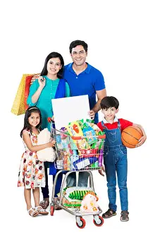 Adult Woman Prints: Happy Family, Parents And Children Showing Message-Board With Shopping-Cart grocery