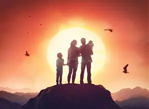 Sisters Prints: Happy family at sunset. Father