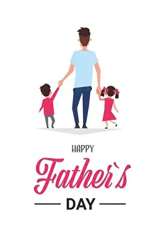 Daddy Prints: happy father day family holiday daughter and son hold dad hand stand back greeting card flat