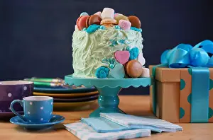 Fatherhood Prints: Happy Fathers Day or masculine birthday party table with showstopper cake decorated with candy