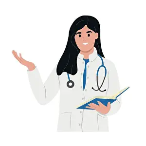 Happy female doctor is talking explaining something, gesturing with hand. A family doctor in a medical gown