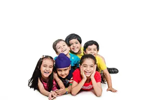 Groups Or Crowds Prints: Happy Group Indian Childrens Friends Lying Down Together Having Fun