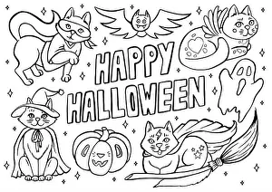 Pop Art Prints: Happy Halloween coloring page with cats in costumes and spooky objects