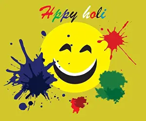 Illustration Poster Prints: Happy holi poster with smiley emoji