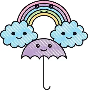 Kawaii Prints: happy kawaii rainbow clouds umbrella cartoon vector illustration drawing