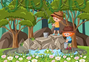 Young Child Prints: Happy kids at the waterfall illustration