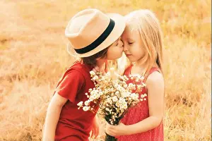 Childcare Prints: Happy lovely kids kiss on autumn field