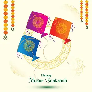 Kites Prints: happy makar sankranti Three colorful kites with floral garlands and mandala designs flying