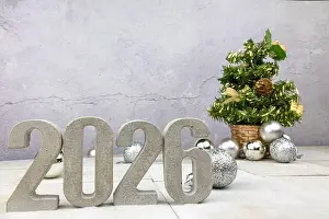 Surface Texture Prints: Happy New 2026 Christmas New Year tree golden decorations silver baubles concrete numbers wall and tiles