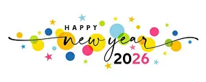 Happy new year 2026 greetings banner with swirl ribbon and colored stars