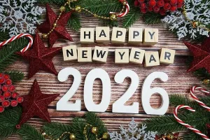 Reindeer Prints: Happy new year 2026 holidays celebration with christmas decorations background