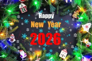 Gingerbread Prints: Happy New Year 2026 text centered within a festive frame of fir branches