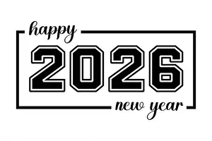 Wishes Prints: Happy New Year 2026 Typography Black and White Outline Design