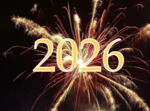 Happy New Year Prints: Happy New Year 2026. Year 2026 on a background of fireworks. New Year background