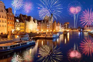 Fireworks Prints: Happy New Year fireworks over Old Town of Gdansk. Poland, Europe