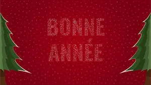 White Vector Vectors Prints: Happy New Year text in French Bonne Annee filled with Happy New Year text in many different laguages on a red snowy