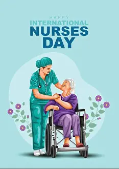 Wheelchair Prints: Happy nurses day greeting. nurse with old woman care
