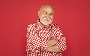 Glad Prints: happy old man in checkered shirt on red background