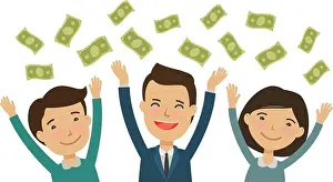 Buyer Prints: Happy people catch money. Finance, banking, earnings concept. Cartoon vector illustration