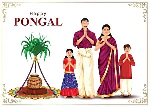Happy Pongal religious traditional festival of Tamil Nadu India. Tamil family pry for god. vector illustration design