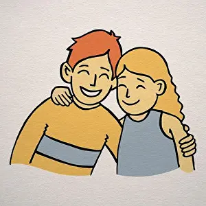 Brother Prints: A happy positive boy and a cute smiling girl hugging cartoon style illustration - Brother and sister drawing